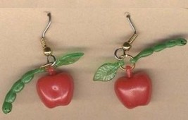 APPLE w-WORM EARRINGS-Teacher Vintage Mini Fruit Orchard Jewelry - £4.77 GBP