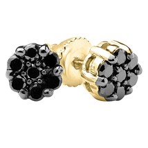 1/5 CT Noir Rond Cluster Diamant Boucles D&#39;Oreilles 14K or Jaune Gp Argent - £56.19 GBP