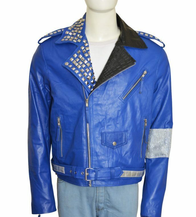 Men Blue Black Cont Genuine Leather Coat Silver Studded Shoulder Epaulets Jacket