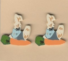 BUNNY w-CARROT BUTTON EARRINGS-Wood Garden Easter Rabbit Jewelry - £4.71 GBP