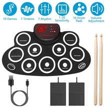 10 Pads Electronic Drum Set Foldable Silicon Practice Drum Pad for Kid Beginners - £69.82 GBP