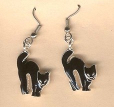 CAT BLACK EARRINGS-Pewter Funky Gothic Witch Lucky Charm Jewelry - £5.57 GBP