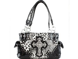 Premium Rhinestone Cross Buckle Leopard Concealed Carry Handbag with Matching Wa - £37.58 GBP