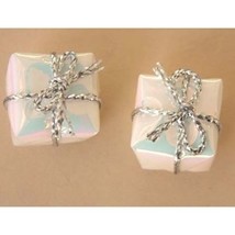Gift Package Button Earrings Mini Present Holiday Jewelry White - £3.18 GBP