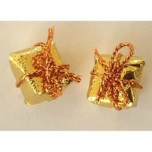 Gift Package Button Earrings Mini Present Holiday Jewelry Gold - £3.17 GBP