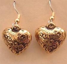 HEART EARRINGS-Vintage Valentine&#39;s Day Jewelry-Puffy Gold Charm - £5.48 GBP