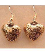 HEART EARRINGS-Vintage Valentine's Day Jewelry-Puffy Gold Charm - $6.97