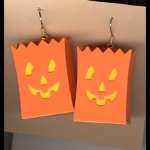 JACK-O-LANTERN TREAT BAG EARRINGS -3d Halloween Pumpkin Jewelry - £5.57 GBP