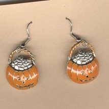 JACK-O-LANTERN PAIL EARRINGS -Enamel Halloween Pumpkin Jewelry - £5.59 GBP