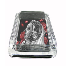Sugar Skull Glass Ashtray D4 4&quot;x3&quot; Day of the Dead Skeletons Folk Art - £39.52 GBP
