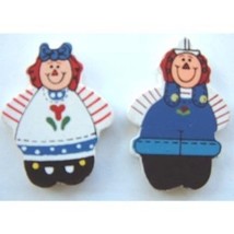 Funky Raggedy Ann &amp; Andy Button Earrings Cute Wood Toy Rag Doll Costume Jewelry - £5.61 GBP