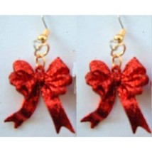 BOWS RED GLITTER RIBBON EARRINGS-Valentine&#39;s Day Holiday Jewelry - £3.91 GBP