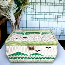 Vintage Wicker Sewing Basket Green Satin Lined Double Layer Tufted Pin Cushion - £20.15 GBP