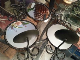 SET OF 3 BLACK WROUGHT IRON MIRROR CANDLE HOLDERS - £23.95 GBP