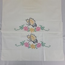 Butterfly Embroidered Pillowcase Pair Set 2 Floral Floral Lot Pink Gold Handmade - $13.95