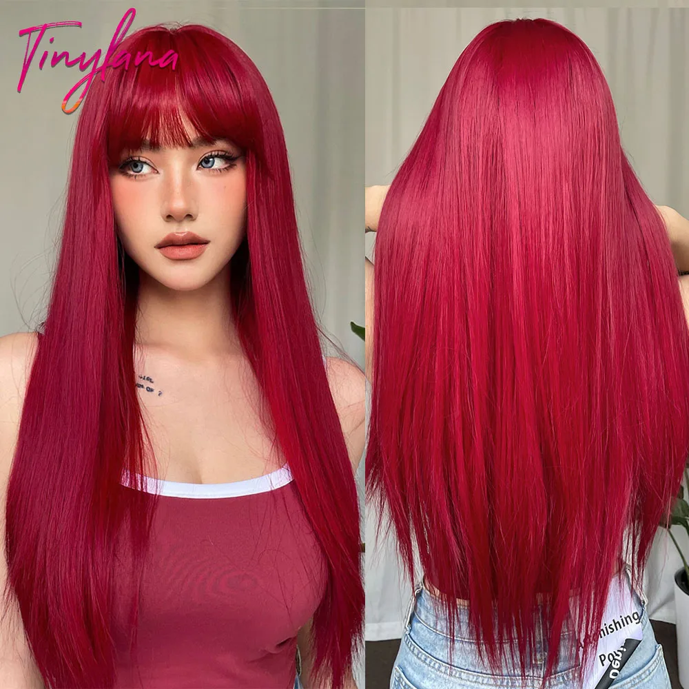 Natural Wine Red Cosplay Synthetic Wigs Long Straight Hair with Bangs for Bla - $23.39+