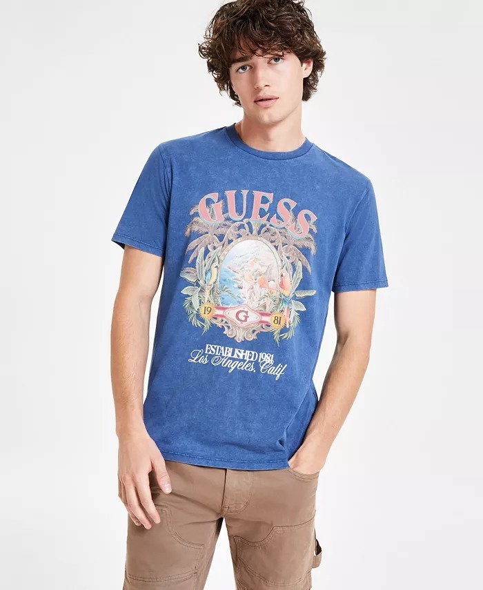Guess Logo Graphic T-Shirt Men's 2XL Pennant Blue Multi Tropical Resort Cotton Item image 4