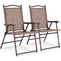 Set Of 2 Patio Folding Sling Back Chairs Camping Deck Garden Beach Brown - £99.85 GBP