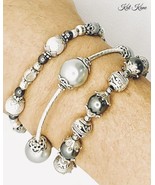 Stacked Set Of Gray Pearl And Silver Beaded Blessing Bracelets - $41.20 CAD