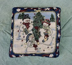 Needlepoint Christmas Snowman Family Decorative Pillow 16x16 Blue &amp; Gold... - £26.52 GBP