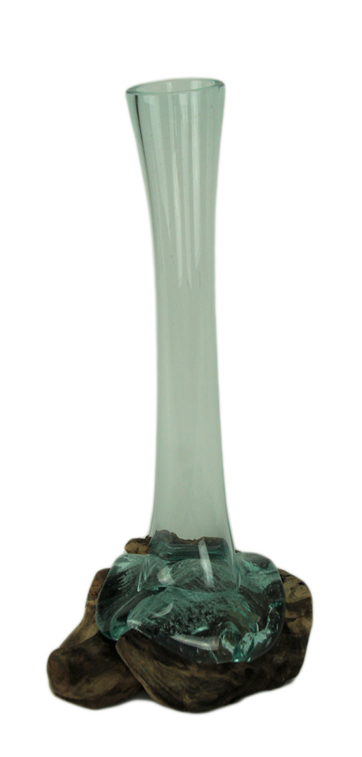 Glass On Teak Driftwood Molten Sculptural Bud Vase - $86.39