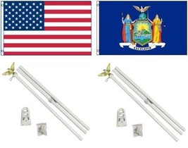 Moon 3x5 USA American &amp; State of New York Flag &amp; 2 White Pole Kit Sets 3x5 - Bri - £43.03 GBP