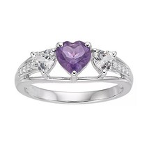 Sterling Silver Heart Shape Amethyst &amp; White Sapphire Triple Heart Promise Ring - $74.79