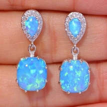 Shiny Silver Color Water Drop Square Inlaid with Blue Stone Dangle Earrings - £11.96 GBP