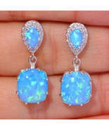 Shiny Silver Color Water Drop Square Inlaid with Blue Stone Dangle Earrings - £11.74 GBP