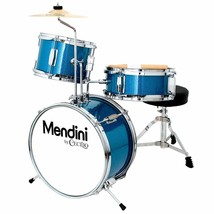 Junior Drum Set Kids Playset 3-PC Throne Cymbal Pedal Drumsticks Beginners Blue - £88.78 GBP