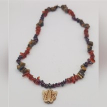 Amber Mix Stones Nuggets Necklace Choker Butterscotch Brown Butterfly Pe... - $30.00