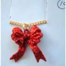 Bow Red Glitter Ribbon Pendant Necklace Holiday Charm Jewelry - $3.97