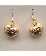 HEART EARRINGS-Valentines Day Jewelry-Puffy Vintage Gold Bead - $6.97