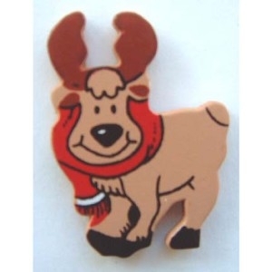 REINDEER MOOSE BUTTON PIN-Rudolph w-Scarf Wood Christmas Jewelry - $3.97