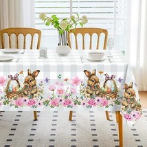 Easter Spring Tablecloth Rectangle Flower Bunny Eggs Buffalo Plaid Decor... - $32.51