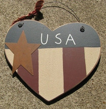 Wood Primitive Americana Heart  99108U - USA with gold metal star - $2.95