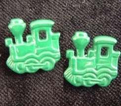 TRAIN ENGINE BUTTON EARRINGS-Model Railroad Funky Jewelry-GREEN - $3.97