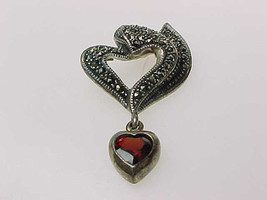 Sterling Silver PENDANT with Marcasites and Dangling Genuine GARNET Heart - $45.00