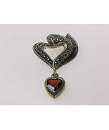 Sterling Silver PENDANT with Marcasites and Dangling Genuine GARNET Heart - £35.98 GBP