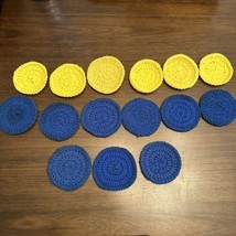 Vintage Crochet Coaster Set Of 15 Yarn Colorful Yellow Blue Drink Handmade - £6.95 GBP