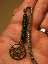 Mini Bookmark Antique Bronze Tone Dangling Green Jade Beads &amp; Pentacle Handmade - £8.69 GBP