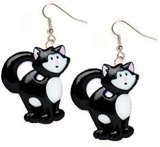 Cat Earrings Black White Tabby Pet Kitty Charm Funky Jewelry Big - £5.51 GBP