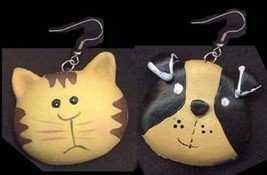 CAT DOG EARRINGS-Big House Pet Charm Funky Jewelry-TAN BROWN BLK - £5.52 GBP