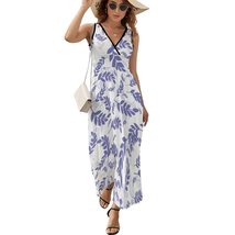 Mondxflaur Blue Leaf Summer Dresses for Women V-neck Sleeveless Long Dress - £28.46 GBP+