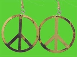 PEACE SIGN EARRINGS-Vintage Charm Hippy Funky Jewelry-GOLD-HUGE - £7.15 GBP