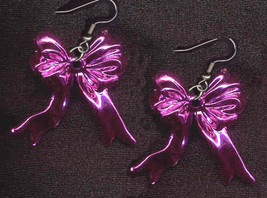 Bow Ribbon Earrings Valentine Novelty Jewelry Hot Pink Metallic - £3.81 GBP