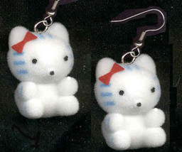 Fuzzy HELLO KITTY EARRINGS-Flocked Tiger Cat Charm Funky Jewelry - £5.50 GBP