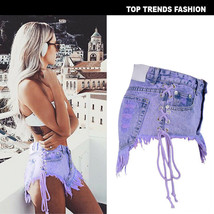 Women Denim Shorts Makaron Violet Tassel Beachwear Bilateral bandage Sex... - $34.99