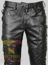 Mens Real Leather Motorcycle Side and Front Laces Up Bikers Pants Trouse... - $129.99