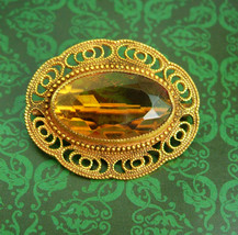 Antique Victorian Golden Topaz Brooch Large beautiful filigree frame C clasp - £87.92 GBP